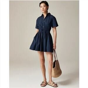J Crew Elena Shirt Dress 8 Navy Blue NWT Tie CI853 J.Crew Coastal Smocked